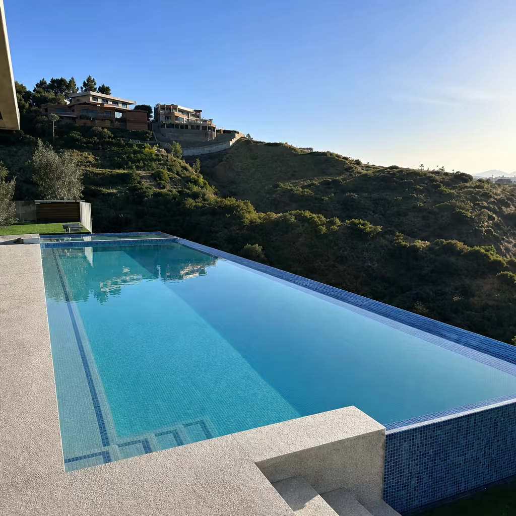Infinity edge pool overlooking green hills